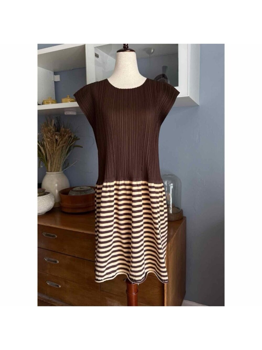 Pleats Please Issey Miyake Brown w/ Striped Skirt Combo Dress Vintage Sz 3